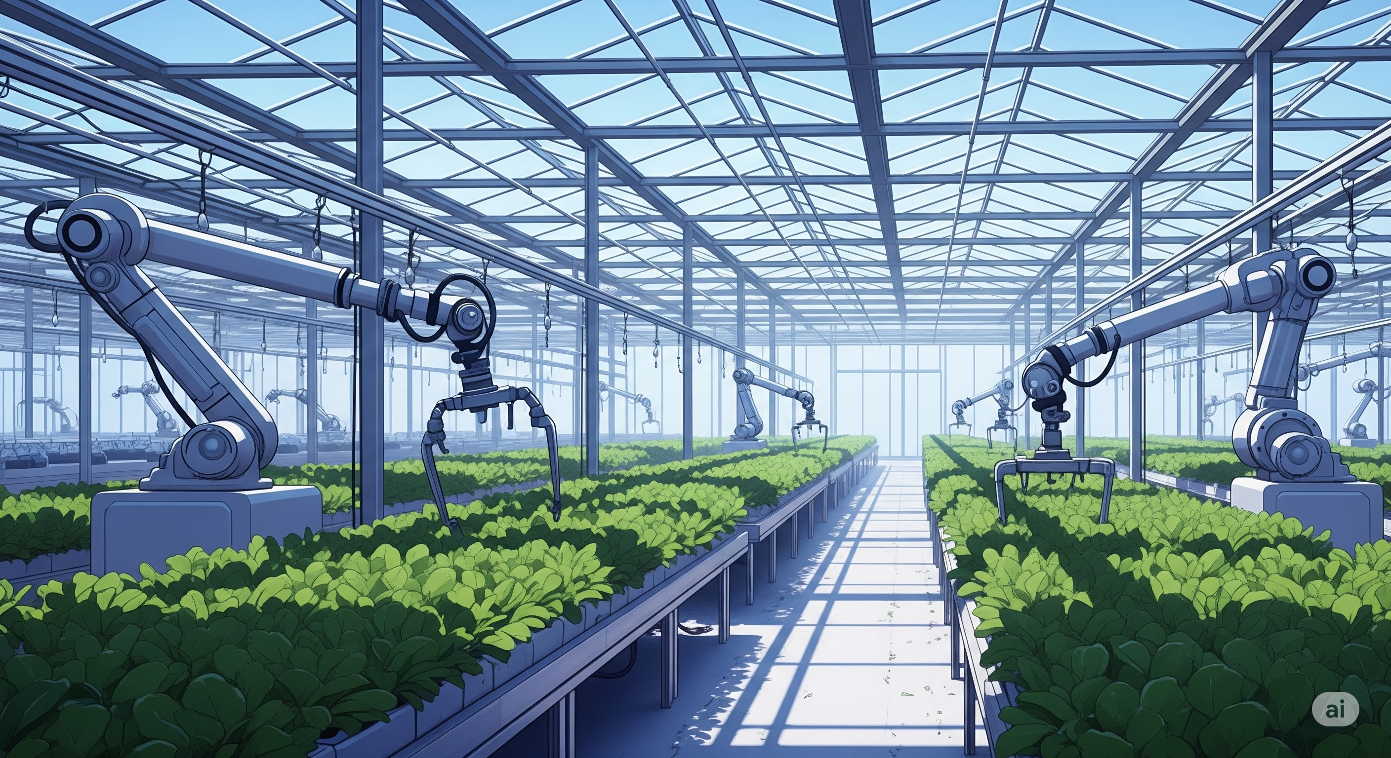 A high-resolution image of a modern greenhouse with automation.