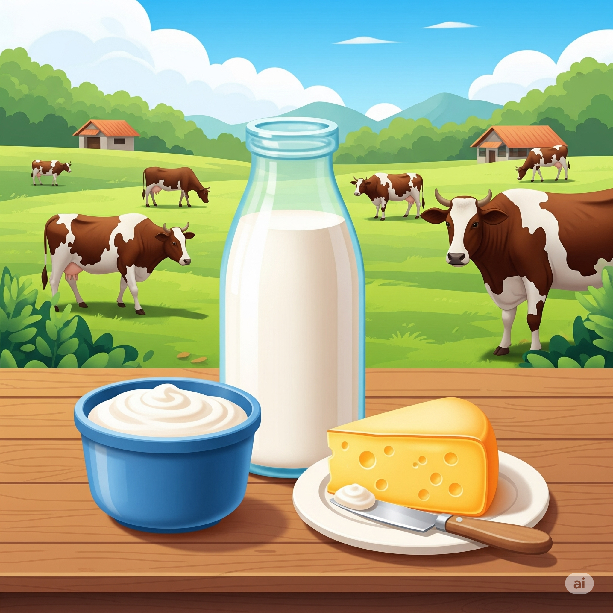 Fresh milk and dairy products on a farm